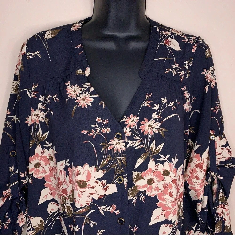 Medium Brixon Ivy Blue Floral Dress Button Front Vneck Pink Floral Print